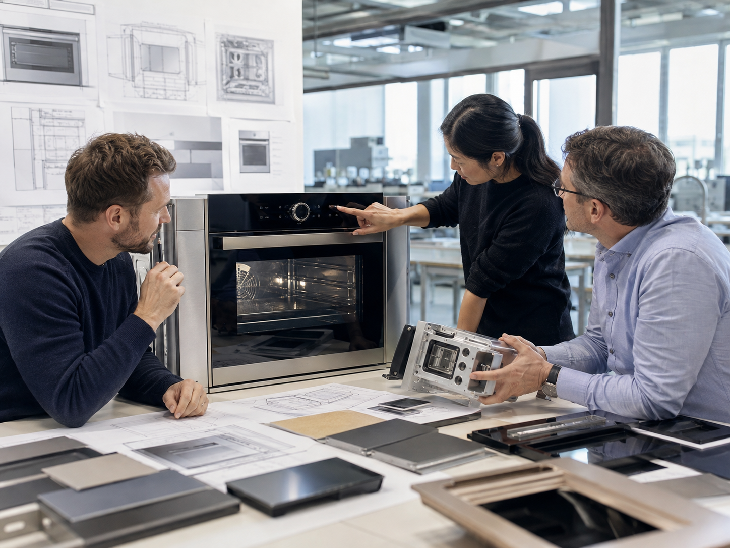 Industrial design and engineering team developing a new built-in oven prototype